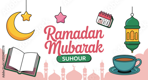 Ramadan Mubarak and Suhour celebration vector illustration set featuring crescent moon lantern coffee cup and holy book for islamic holiday greeting designs