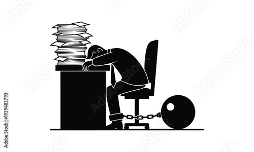 Overworked businessman chained to desk with ball and chain vector