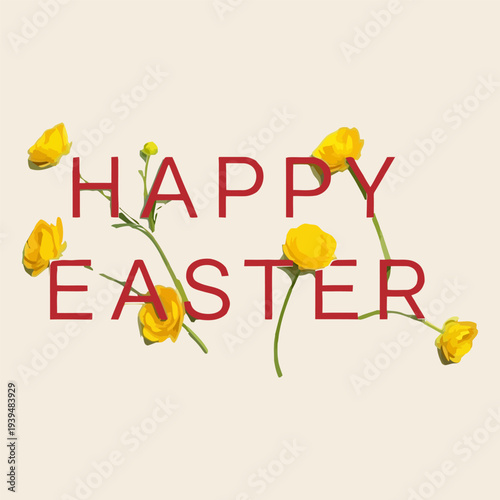 Happy Easter text with yellow flowers on a light background