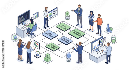 Business professionals engaged in data analysis and workflow management