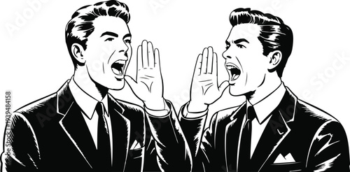 Retro black and white illustration of vintage businessmen shouting and arguing, comic style vector showing communication conflict and workplace discussion