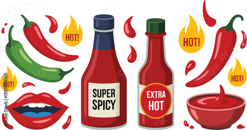 Spicy hot sauce bottles and chili peppers collection featuring fire flames and red lips for Mexican food and condiment design