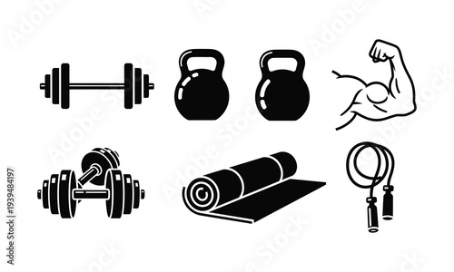 Set of black and white fitness and gym icons showing equipment and muscle