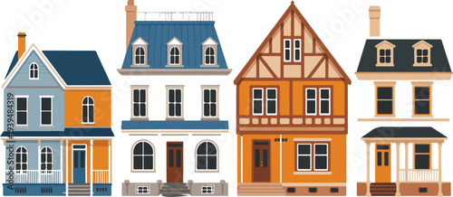 Vector set of European residential houses with classic facades townhome architecture detailed line art illustrations isolated on white background