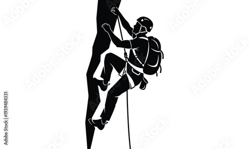 Silhouette climber ascending steep rock face with backpack and safety gear