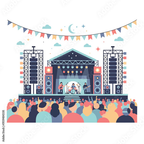 Concert Stage with Crowd and Speakers.