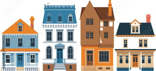 Vector set of European residential houses with classic facades townhome architecture detailed line art illustrations isolated on white background