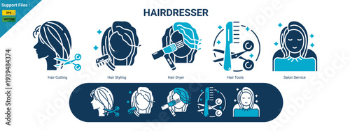 Hairdresser two color Icons Set. including Hair Cutting, Hair Styling, Hair Dryer, Hair Tools and Salon Service.