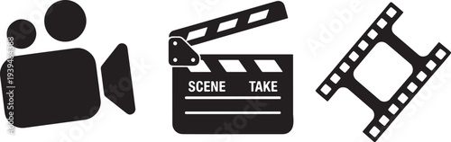 film production icons with camera clapper and film strip