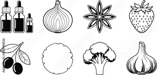 Vintage engraved botanical and food elements vector set with fruits vegetables spices herbs and dropper bottles detailed line art illustration