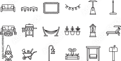 line icons of outdoor and indoor furniture and objects