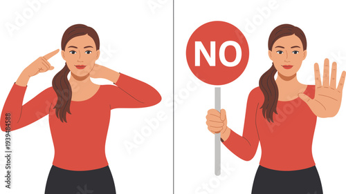 Beautiful young woman holding a no sign and showing stop hand gesture for rejection and refusal concept flat vector illustration