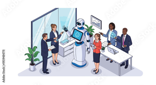 Business team collaborating with robot in modern office workspace