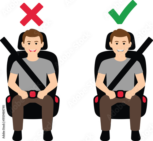 Car seat safety illustration showing correct and incorrect seatbelt positioning for a child passenger with checkmark and cross symbols in flat style