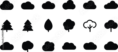 Cloud and Tree Outline Icons Vector Set for Weather Forecast Nature Landscape and Environmental Line Design Collection