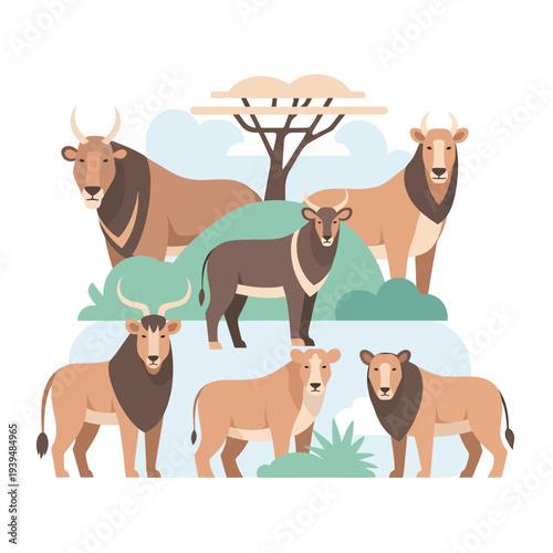 Group of Cartoon Lions and Antelopes Standing.
