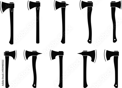 Axe silhouette icons set with different blade styles, curved and straight handles, tool design variations, weapon shapes, historical reference illustration