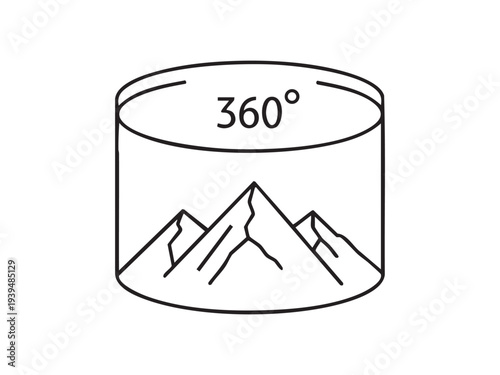 Panoramic view of mountain range in 360 degree virtual reality tour icon for travel apps