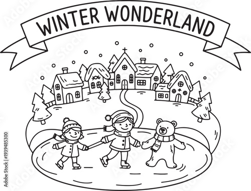 Winter wonderland scene with children and bear ice skating