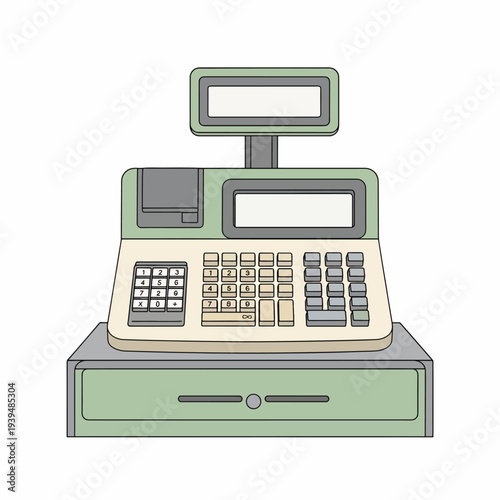 Cash Register Illustration with Keypad and Screen.