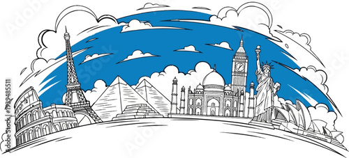 Iconic world landmarks drawn in a sketch style with a bright blue sky backdrop
