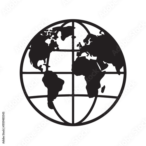 Vector illustration of a global world map and globe on a black background featuring Earth's continents for business, travel, and geography concepts