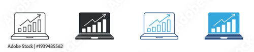 Business Analytics Laptop Icon Set, Data Growth Chart Display, Financial Statistics Symbol, Vector Illustration