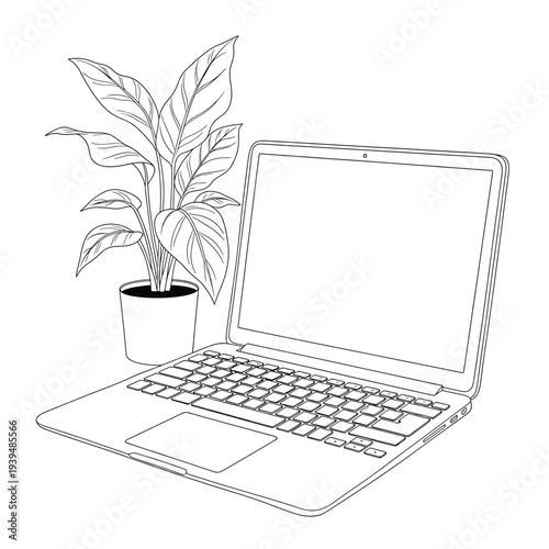 Laptop Computer with Potted Plant Illustration.
