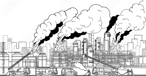 Industrial complex ablaze with thick smoke billowing into urban skyline