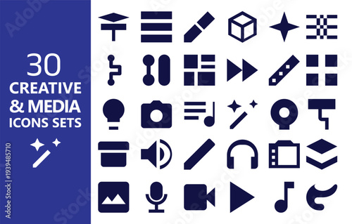 30 Creative and Media Icon Sets Collection Flat Design Vector UI UX Web Graphics Elements