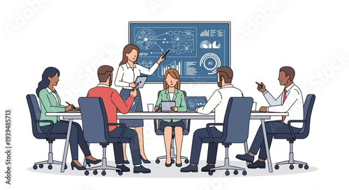 Diverse team collaborating on innovative business strategy in modern meeting room