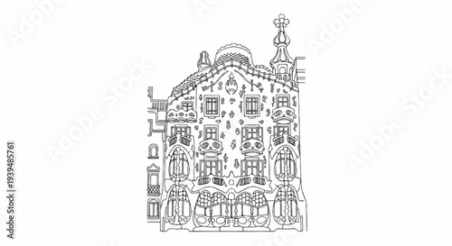 Intricate architectural drawing of a unique facade with ornate balconies and windows