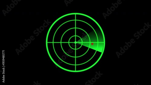 futuristic green radar scanning interface with a rotating sweep displayed in a modern HUD style. alpha channel background for easy compositing and seamless looping. Ideal for navigation, security, etc