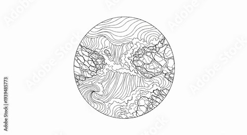 Intricate circular black and white drawing with abstract organic shapes and textures