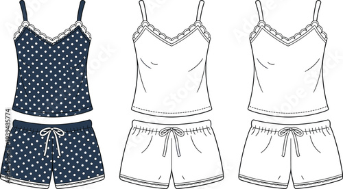 Women pajama set vector template, polka dot camisole and shorts, sleepwear nightwear fashion clothing design mockup, front back view