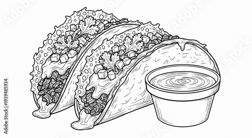 Line drawing of two filled tacos and a dipping sauce bowl