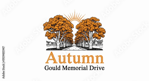 Lined autumn trees with sunburst and text below