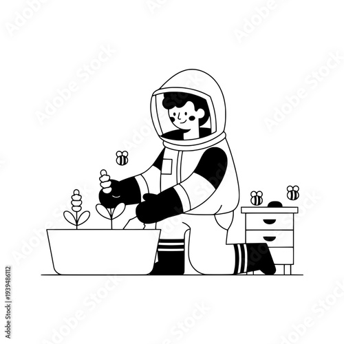 Line art beekeeper illustration or Minimalist apiarist line drawing