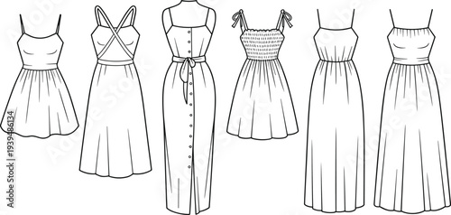 Women summer dress vector template collection, various sleeveless and strap dress designs, fashion clothing outline illustration set