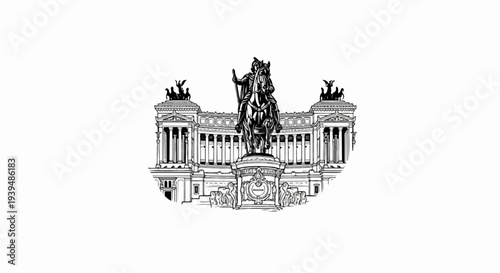 Monochromatic sketch of an equestrian statue in front of a grand neoclassical building