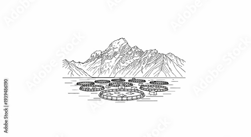 Mountain peaks overlook circular structures on calm water