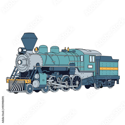 Vintage Green Steam Locomotive Train Illustration.