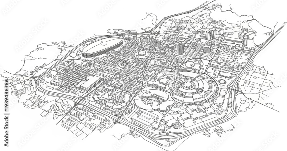 Obraz premium Detailed aerial sketch of a sprawling city with a stadium and complex road networks