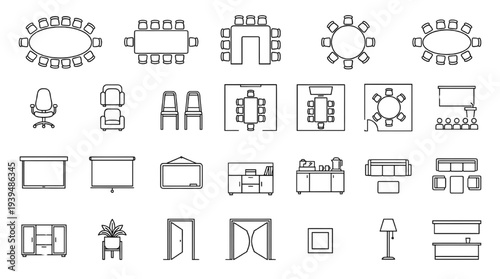 Top View Executive Boardroom Floor Plan Vector Conference Table Layout Thin Line Blueprint Icon Set