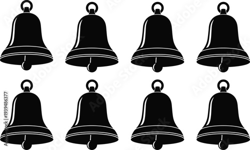Bell icons set with loop and clapper, black silhouette vector illustration, decorative design elements, sound symbol, ringing notification, festive graphic