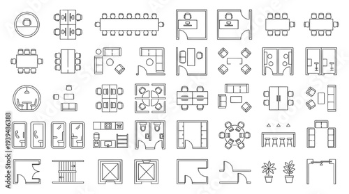 Top View Coworking Workspace Floor Plan Vector Icon Set Shared Office Layout Blueprint Symbols