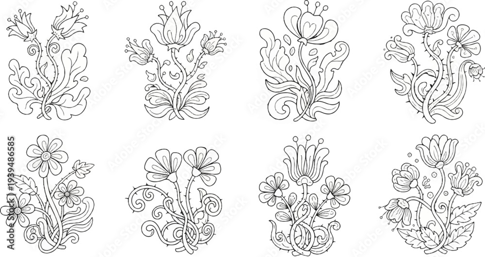 Fototapeta premium Collection of eight stylized floral line art illustrations on a white background