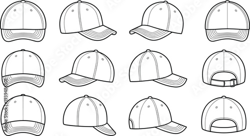 Baseball cap vector template set, multiple angles front side back views, adjustable hat outline design, fashion accessory mockupBaseball cap vector template set, multiple angles front side back views