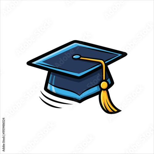 Blue graduation cap with yellow tassel in cartoon style