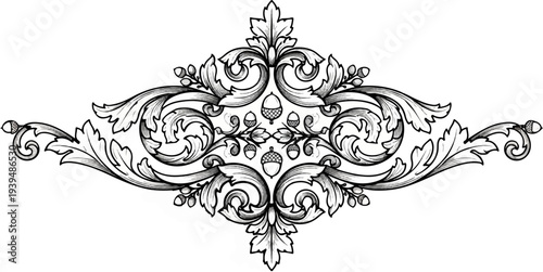 Ornate scrollwork with acorns and leaves, black and white